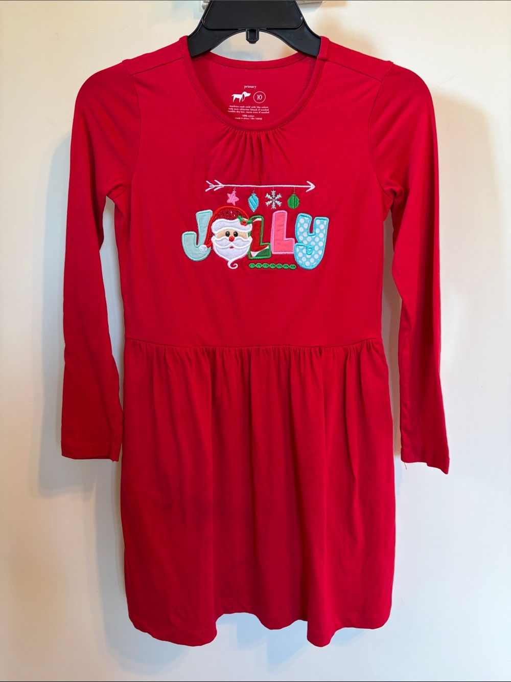 Primary Girls Christmas Dress 10 Red Santa Jolly Applique 100% Cotton